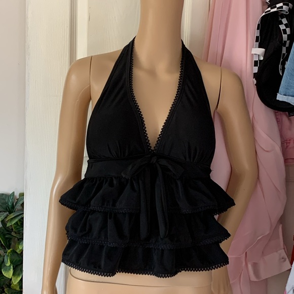 Black ruffle rhumba tankini top halter with bow m - Picture 9 of 13